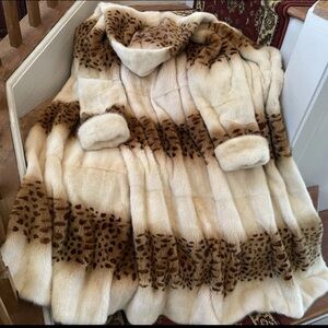 Tourmaline Mink Fur Coat Leopard  Stenciled  Print Hooded